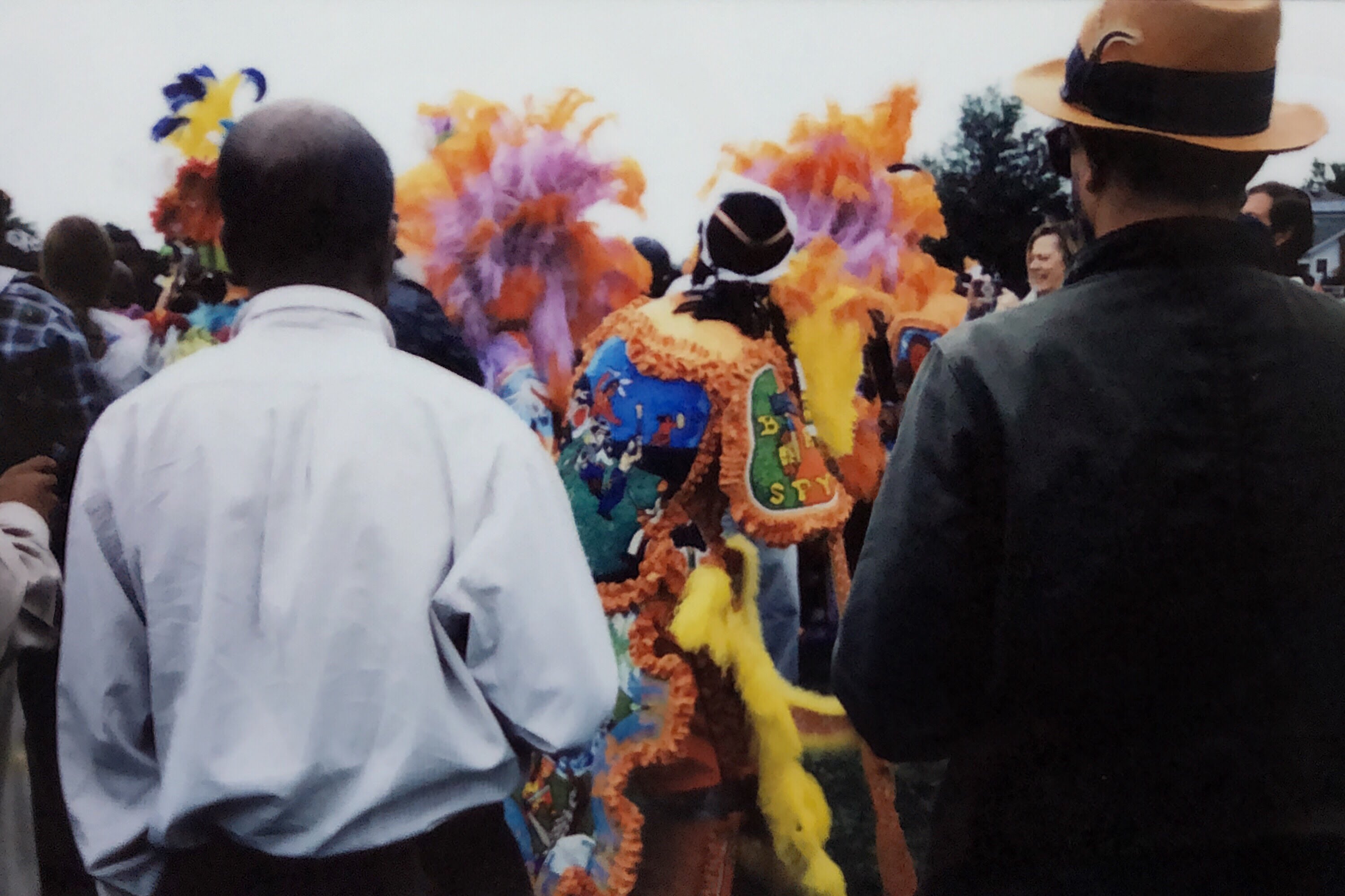 Mardi Gras Indians gathered on a New Orleans street